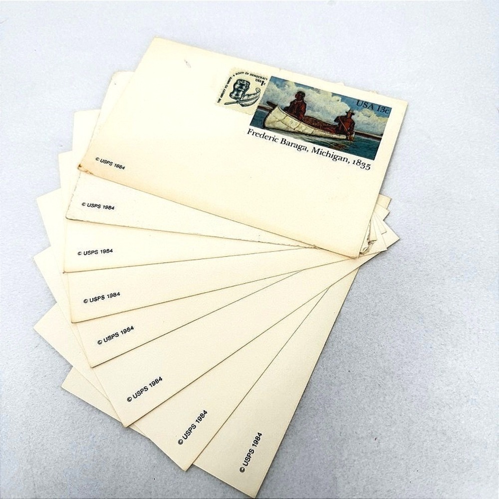USPS Stamped Postcard SET of 8 Frederic Baraga Michigan 1835 Canoe Art VTG
